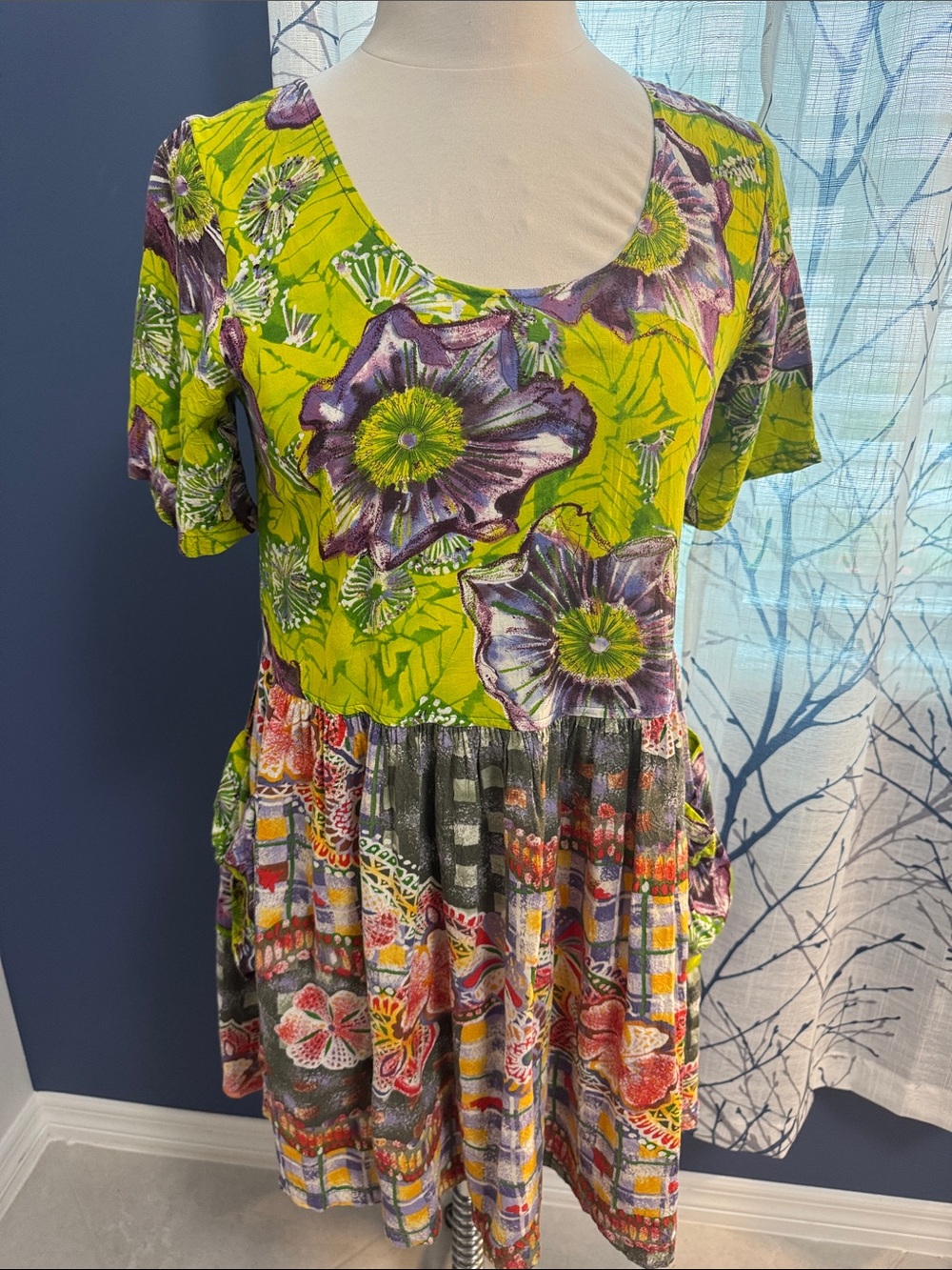 Jams world -Floral Patchwork Short Sleeve Women's Dress - Lime & Purple